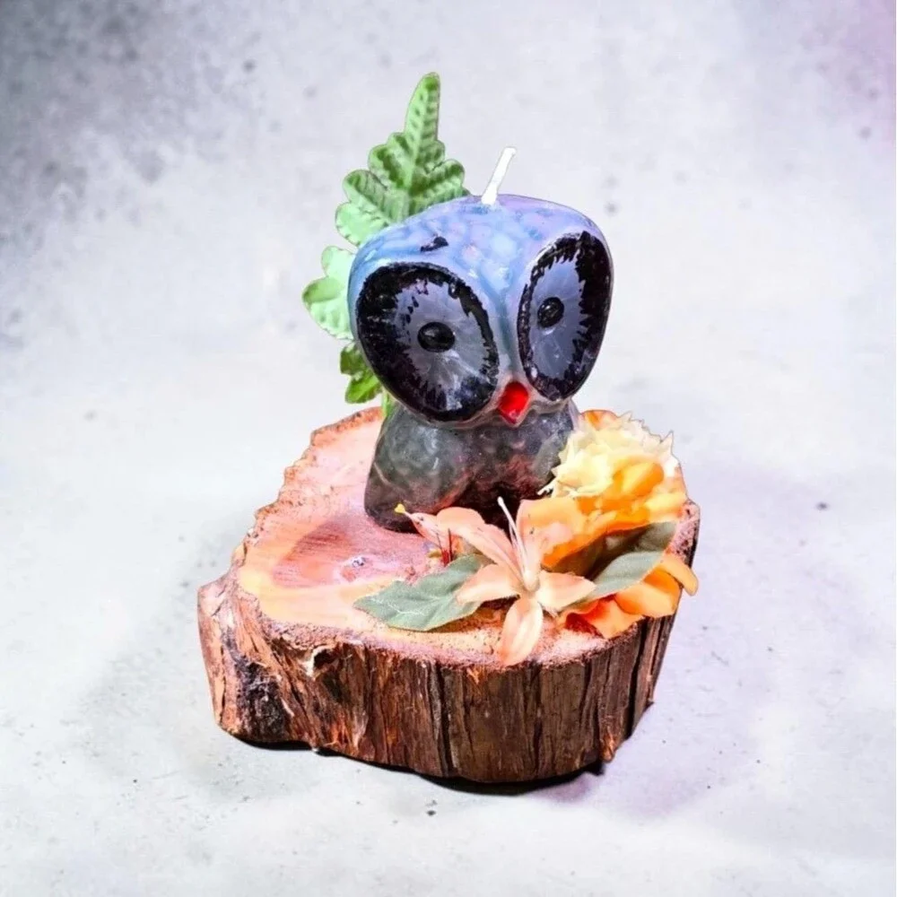 Vintage Owl Candle Wood Slice Base Folk Art 1970s Woodland Cottagecore Decor